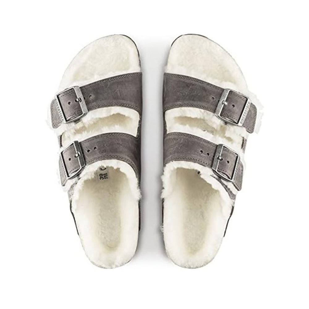 NWB! Birkenstock Men's Arizona Shearling Sandals, Iron/Natural, Grey, Tan, 8 US